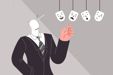 Business man chooses mask with emotions, showing miracles transformation and skills control own mood
