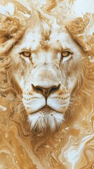 A majestic lion portrait with an abstract liquid gold paint effect. Vertical modern art combining wildlife and a fluid marbling texture for a powerful concept