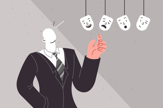 Business man chooses mask with emotions, showing miracles transformation and skills control own mood