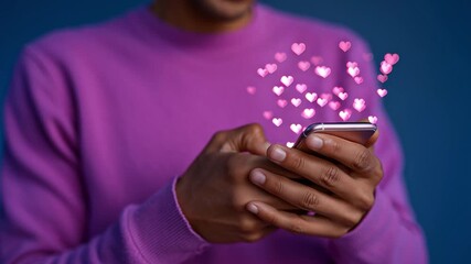 A person in a purple sweater interacts with a smartphone, expressing joy. Animated hearts float above the device, showing their excitement on social media. This occurs indoors with a blue background. - Powered by Adobe