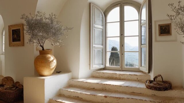 An arched interior with a large window and steps, displaying paintings, vases, and wooden objects