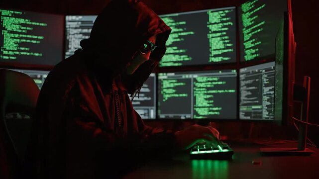 Anonymous hacker in a hood types on a keyboard in a dark room with multiple monitors showing code.