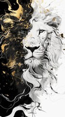 Abstract illustration of a lion's face in black, white, and gold. Vertical artistic portrait with dualistic contrast and fluid ink splashes. Modern wildlife art concept