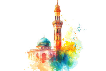 Watercolor Muslim mosque tower and dome on white background isolated on a transparent background