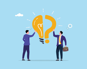 Creative business idea, problem solving concept with teamwork and collaboration, businessman answering question with question mark and idea bulb, innovation and brainstorming flat vector illustration