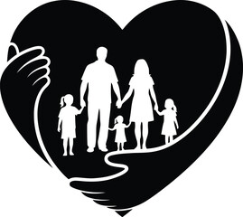 Silhouette of parents and children inside heart held by caring hands On white Background Vector illustration