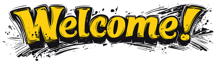 Yellow comic welcome text with white splashes isolated on a transparent background