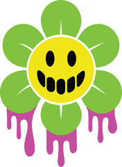 Psychedelic flower smiley face melting in surreal trippy style On white Background Vector illustration