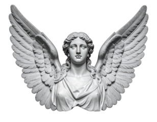 A detailed, dramatic portrait of a marble angel or winged figure bust against a stark black background.