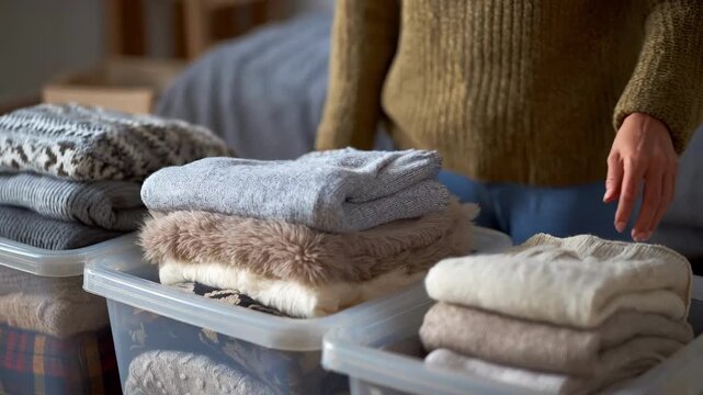 Medium shot of a professional organizing a seasonal wardrobe by sorting and packing winter clothes into labeled bins for efficient storage.