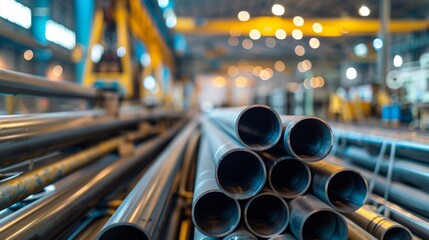 Steel pipes stacked in a warehouse. The background features blurred industrial equipment and overhead lights. The scene conveys a manufacturing environment.