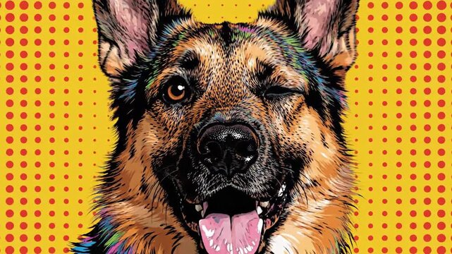 Pop art style illustration of a happy German Shepherd dog winking with its tongue out against a yellow polka dot background.