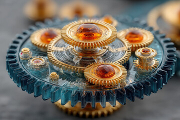 A futuristic conceptual illustration featuring transparent and gold gears forming a complex mechanical mechanism.  