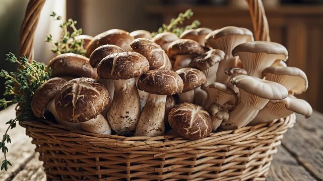 A close-up view of a wicker basket overflowing with various types of fresh mushrooms.