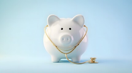 White Piggy Bank with Golden Stethoscope on Light Blue Background - Health Savings Insurance Concept