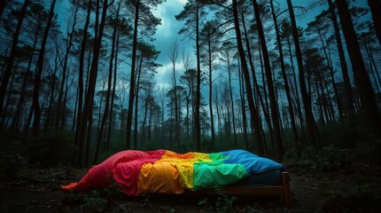 Naklejka premium Vibrant rainbow bed in serene forest at dusk