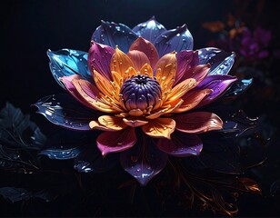 Vibrant layered flower; textured surface with water droplets; a dark, moody background with hints of foliage