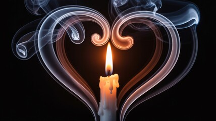 Candle flame in heart shaped smoke on black background romantic ambiance for valentine's day