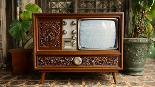 Medium shot of an authentic vintage TV console replica showcasing classic wood finishes and intricate detailing perfect for retro interior decor enthusiasts.