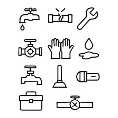 Collection of plumbing icons representing tools and actions for water management and repair