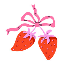 Cute illustration of a strawberry berry branch decorated with a pink bow. Playful design symbolizing sweetness, love, and freshness, perfect for romantic themes, Valentine&rsquo;s Day. Isolated vector.