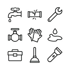 Collection of plumbing icons representing tools and actions for maintenance and repair work