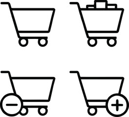 Shopping carts with various icons, plus and minus signs indicating quantity adjustments, in a simple line art style illustration