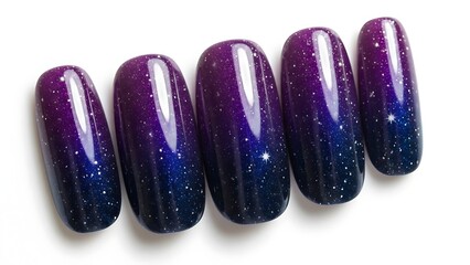 Gradient Nail Art Deep Space Galaxy Design with Glitter Accents on False Nails