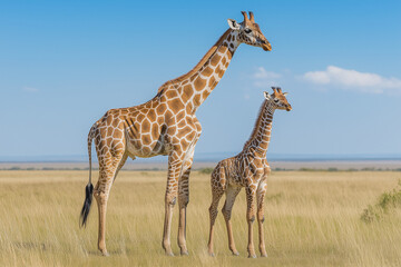 Naklejka premium Adult giraffe and calf standing together in open savanna grassland under a clear blue sky