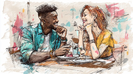Illustration of a diverse interracial couple laughing over dessert in a crowded cafe, capturing candid moments of joy.