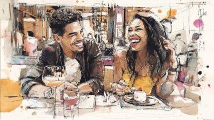Illustration of a diverse interracial couple laughing over dessert in a crowded cafe, capturing candid moments of joy.