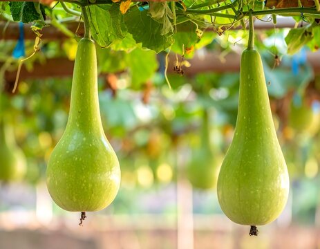 Lush green bottle gourds hang beneath foliage in an outdoor setting, softly focused