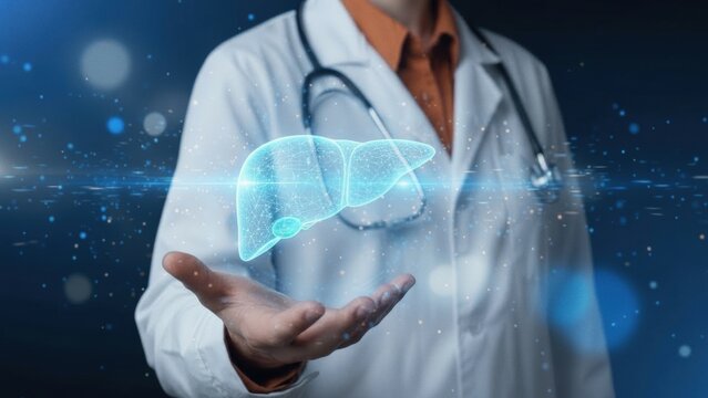 Futuristic doctor holding a glowing digital hologram of human liver, high-tech healthcare, anatomy and AI diagnosis concept.