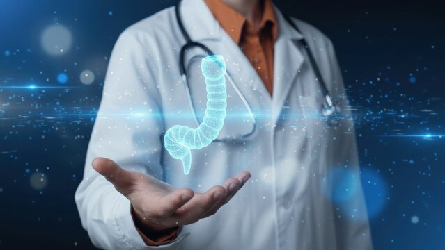Futuristic doctor holding a glowing digital hologram of human Appendix, high-tech healthcare, anatomy and AI diagnosis concept.