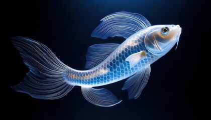 Fototapeta premium Elegant white koi fish with flowing fins in dark water.