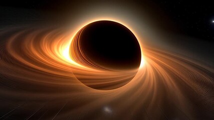 Glowing orange accretion disk rotating around a supermassive black hole with spacetime grid lines, visualizing gravitational lensing in a cinematic 3D animation for astronomy concepts. - Powered by Adobe