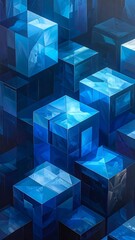Abstract art a field of translucent blue cubes floating on a deeper blue background creates a sense of depth