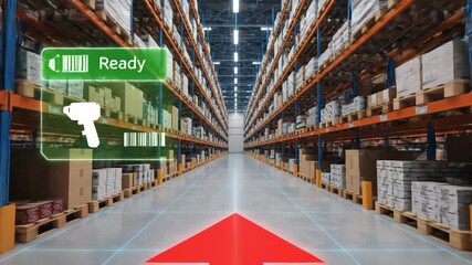 Automated warehouse interior showing digital interface and red arrow navigation guide on floor. - Powered by Adobe