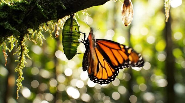A vibrant butterfly with orange and black wings displays under a branch with moss and bokeh background