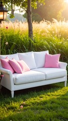 White sofa with pink pillows sits on sunny grass near tall reeds and a black lantern in a serene, natural setting
