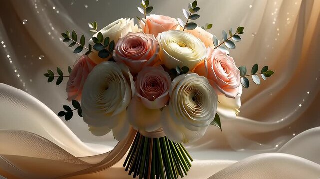 Cinematic zoom out revealing a lush wedding bouquet of pink roses and white ranunculus with a macro dew drop, bathed in soft sunlight for romantic bridal concepts.