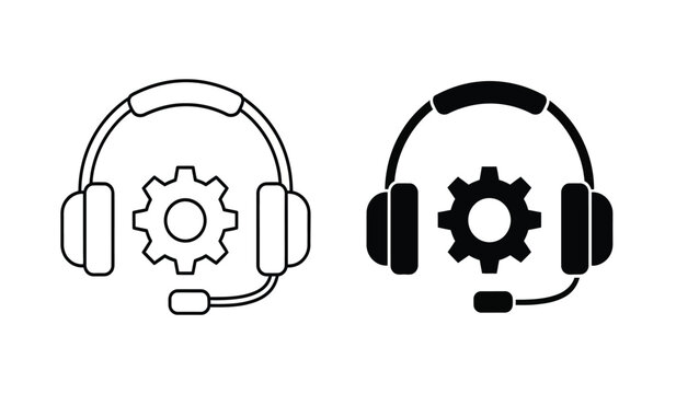 Two black and white headset icons with gear symbols on a pure for customer service or technical support concepts