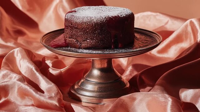 A chocolate cake on a silver platter, dusted with powdered sugar, and topped with a red sauce