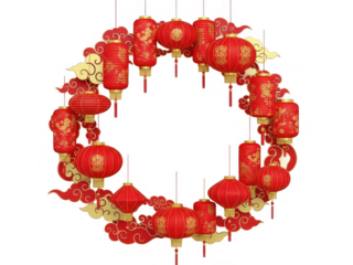 Vibrant red chinese lanterns arranged in a circular pattern isolated on transparent background