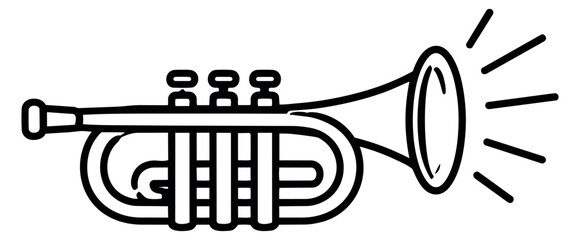 Hand drawn line art illustration of a trumpet depicting sound waves for music and celebration