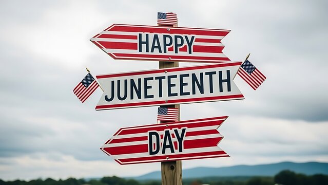 Happy juneteenth day sign with american flags on a cloudy day background