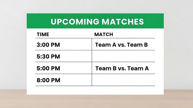 A presentation slide displays schedule of several upcoming sporting event match times with team names