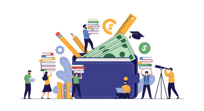 Educational expenses and student financing represented by a large purple wallet filled with money and various school supplies.