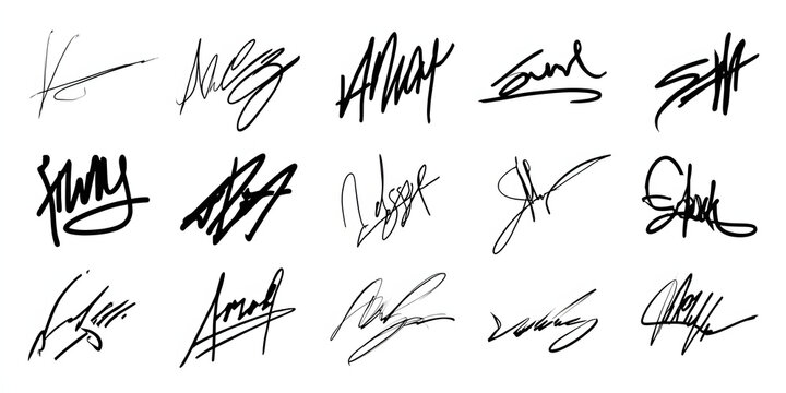 Fake handwritten signatures collection on paper sheet for legal document security concept flat lay