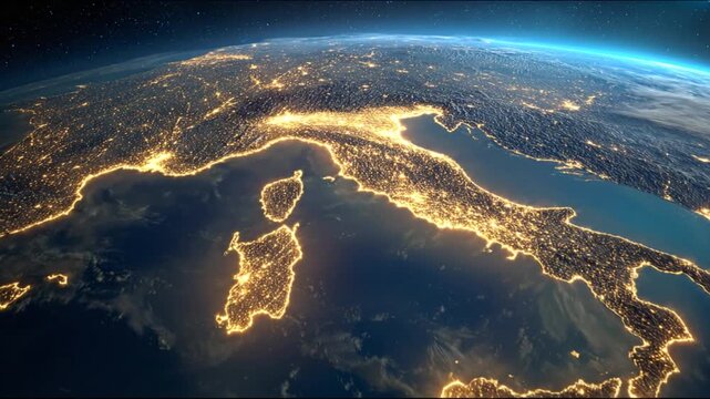 Aerial nighttime view of a land mass lit with city lights, over an oceans cape, from space